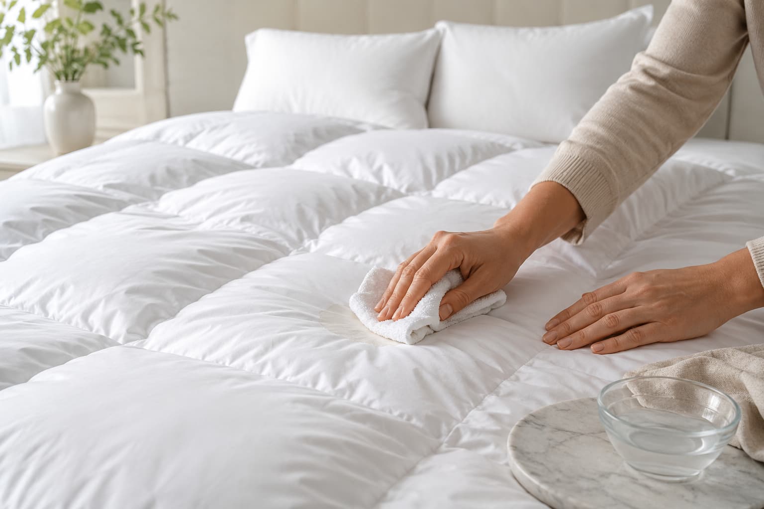 Nettoyage localisé d’une couette en duvet à la main