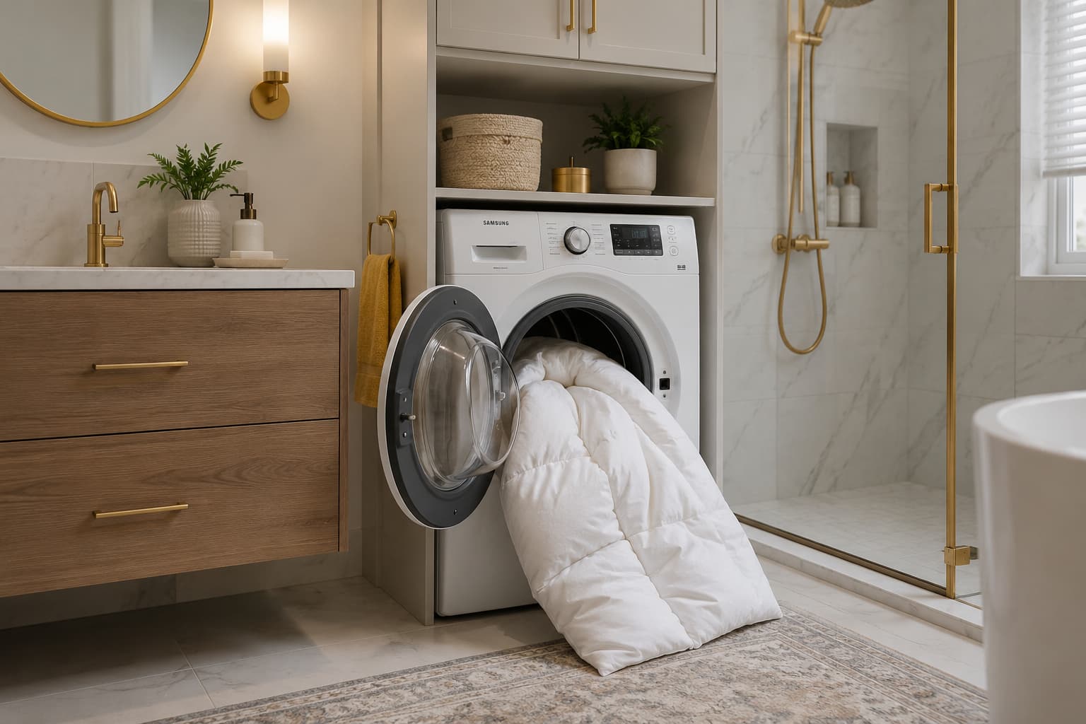 Couette en duvet dans un lave-linge à chargement frontal